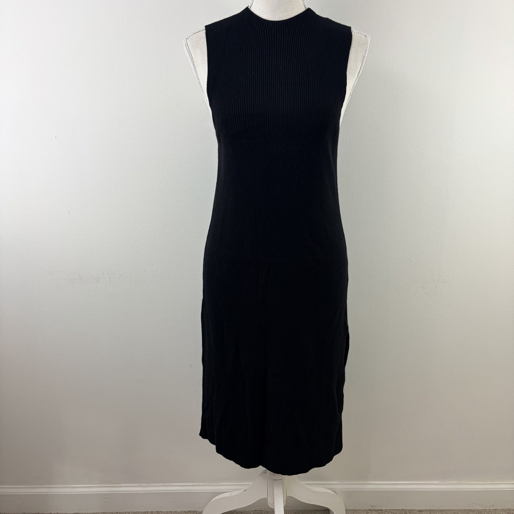 Anthropologie Black Ribbed Knit Sleeveless Mock Neck Midi Dress Medium Side-Slit